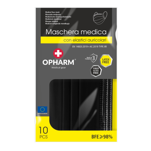 OPHARM ® medizinische OP-Maske, Type IIR, Schwarz , mit Ohrschlaufen, 10er-Paket